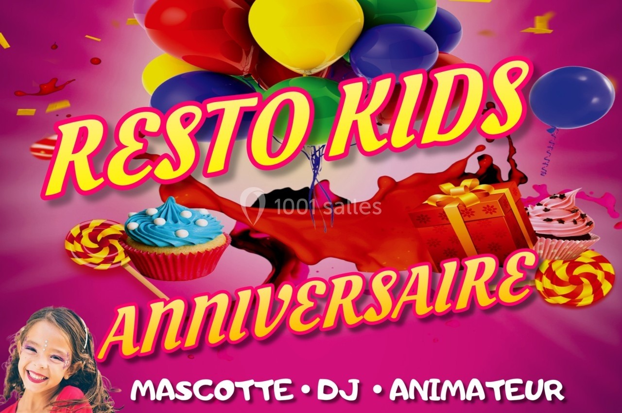 Image colorée avec des ballons, gâteaux, cadeaux et une enfant souriante, illustrant une fête pour enfants.