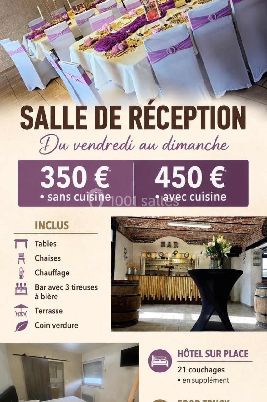 Salle de réception décorée avec tables et chaises, options avec ou sans cuisine, services d'hôtel et restauration…