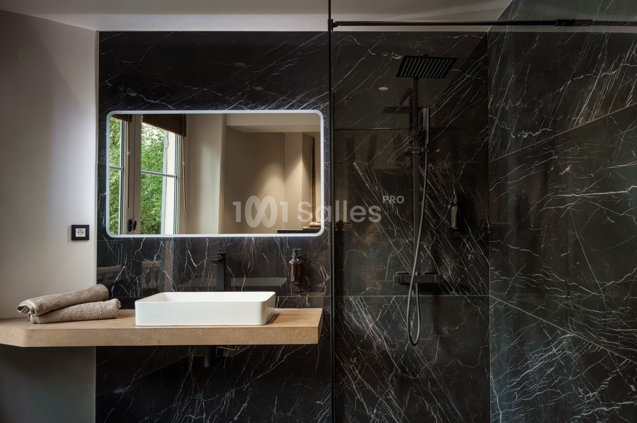 Salle de bain moderne avec lavabo sur plan en bois, miroir éclairé et douche à paroi en marbre noir.