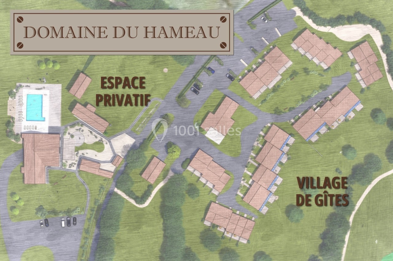 Plan illustré du Domaine du Hameau montrant un espace privatif avec piscine et un village de gîtes entourés de verdure.