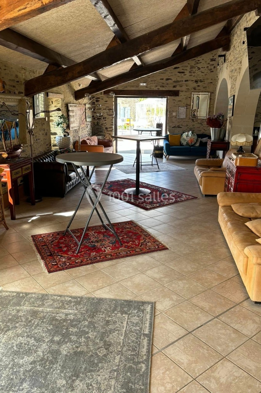 Salle lumineuse avec murs en pierre, poutres apparentes, tapis colorés, mobilier varié et vue sur une terrasse extérieure.