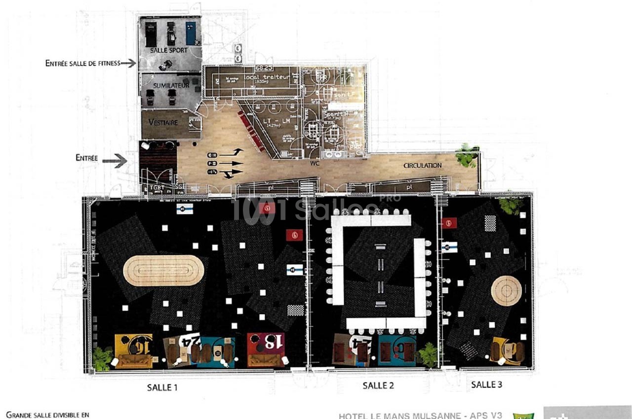Plan d’aménagement intérieur montrant trois salles, un espace fitness, une circulation centrale et des équipements variés.