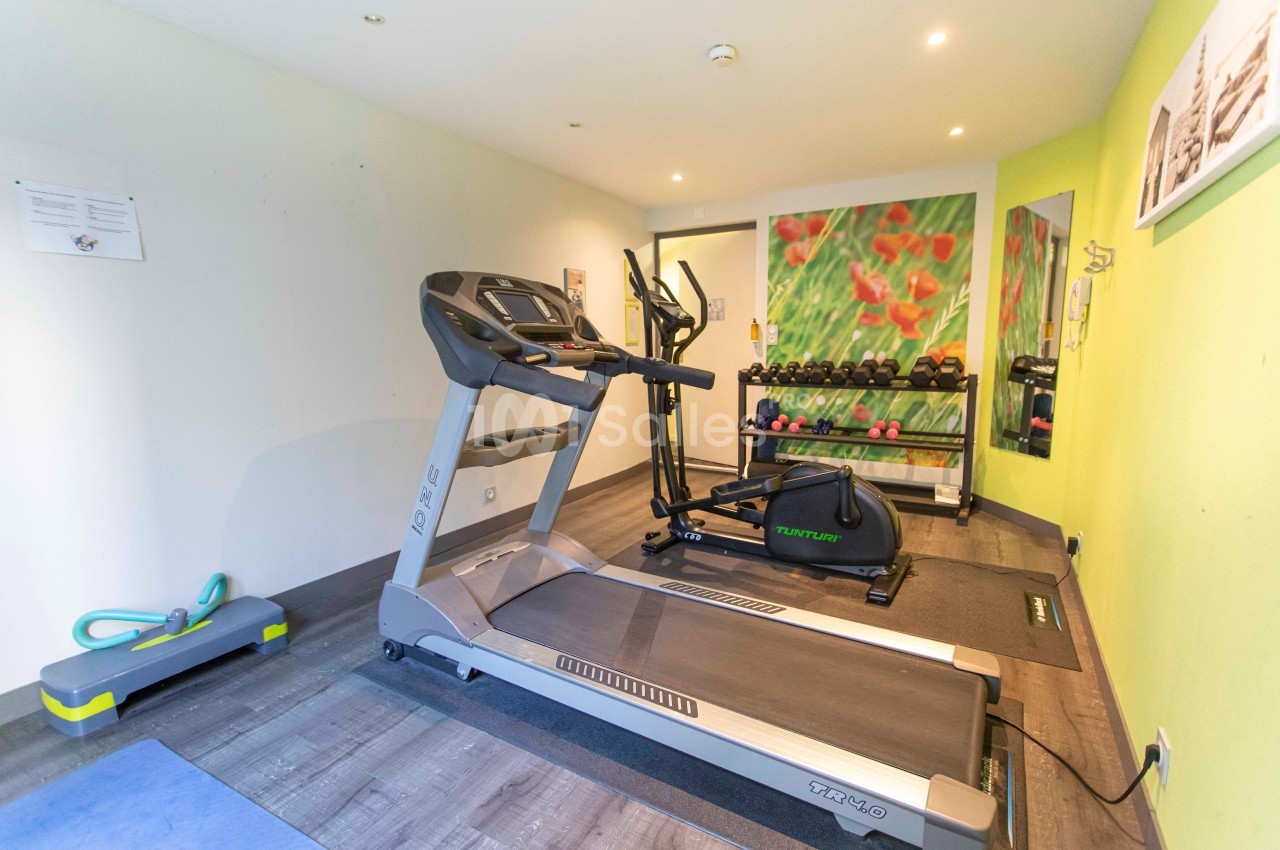 Salle de sport avec tapis de course, vélo elliptique, haltères et miroir, dans un espace lumineux aux murs décorés.