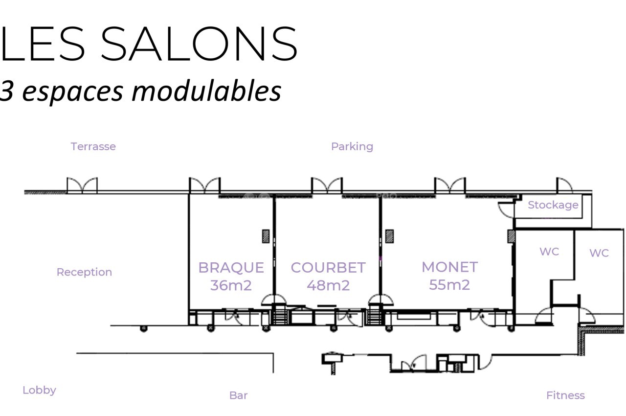 Plan des salons modulables avec trois espaces nommés Braque, Courbet et Monet, et des zones annexes indiquées.
