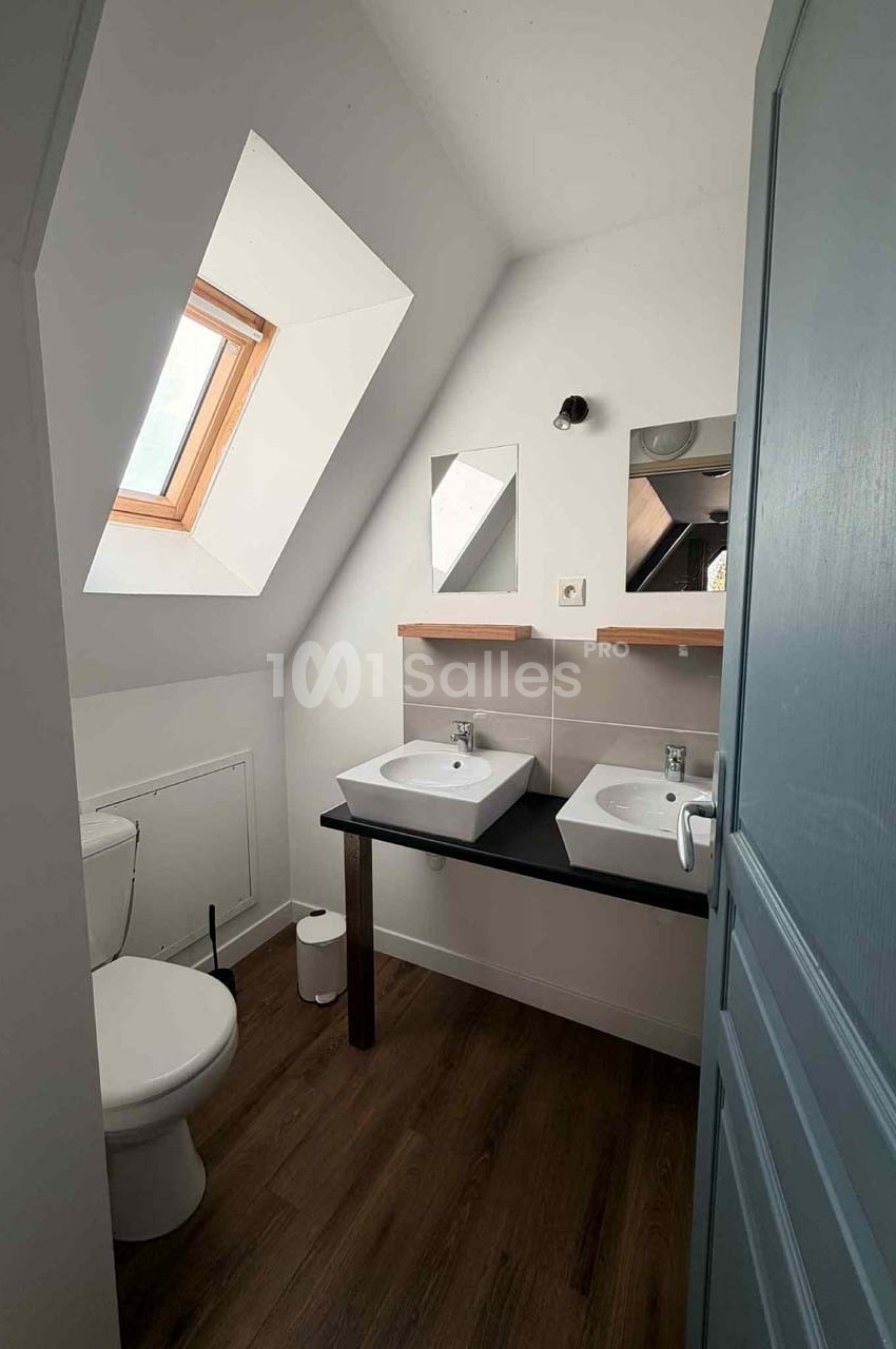 Salle de bain mansardée avec deux lavabos, un miroir, une fenêtre de toit et des toilettes sur un sol en bois.