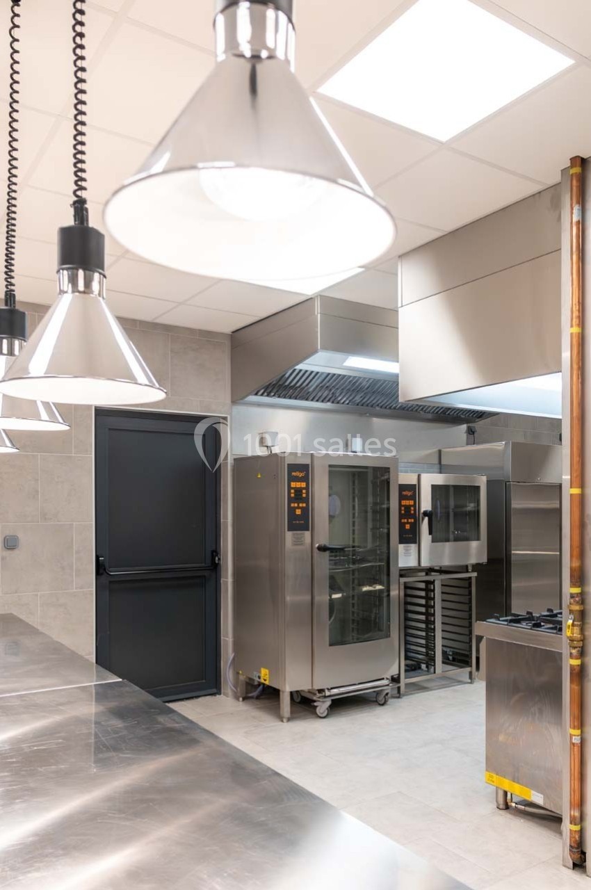 Cuisine professionnelle moderne avec équipements en inox, éclairage suspendu et fourneaux sous une hotte d'extraction.