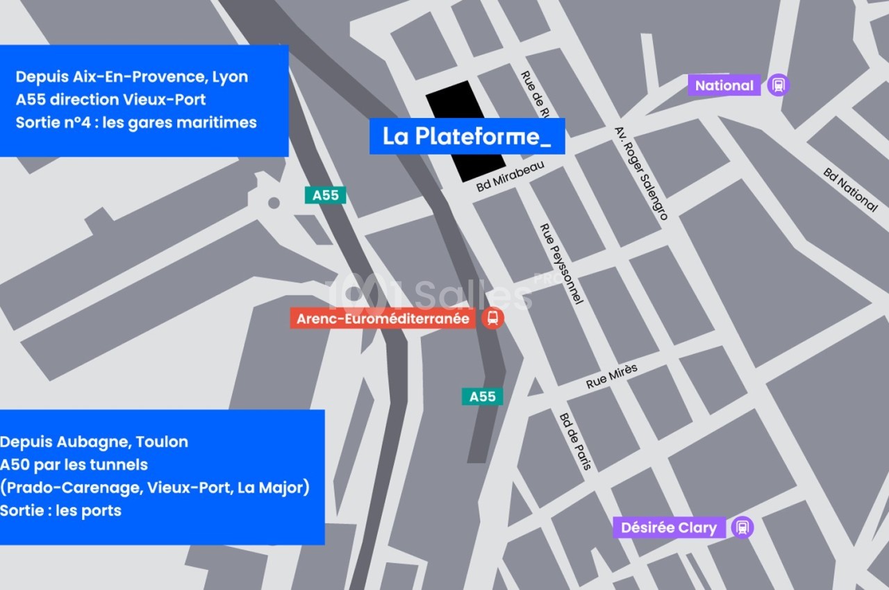 Carte indiquant l'emplacement de ’La Plateforme’ à Marseille, avec des indications routières et des points de repère.