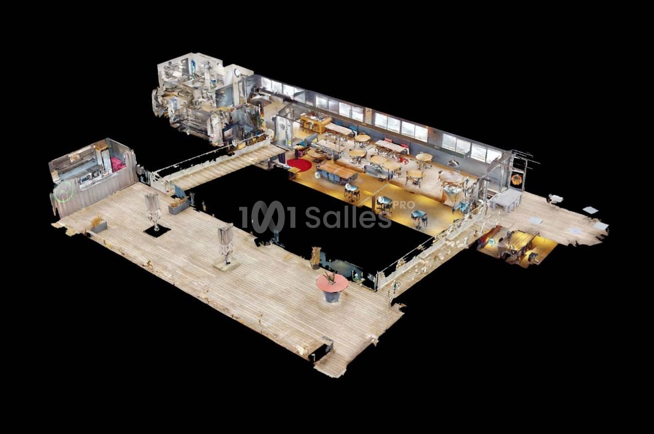 Vue en 3D d'un espace intérieur comprenant plusieurs pièces aménagées avec des meubles et des équipements.