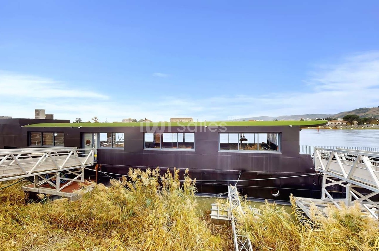 Maison flottante moderne noire avec toit végétalisé, amarrée près d'une passerelle, entourée de végétation et d'eau.