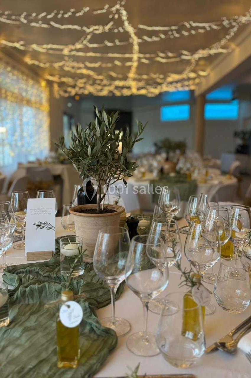 Table élégamment dressée avec des verres, des bouteilles d'huile d'olive, une plante en pot et des lumières suspendues.