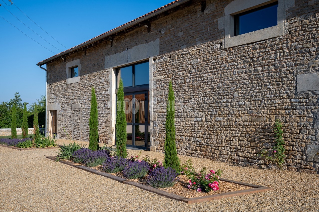 Façade en pierre d'un bâtiment rénové avec de grandes fenêtres, bordée de parterres fleuris et de cyprès.