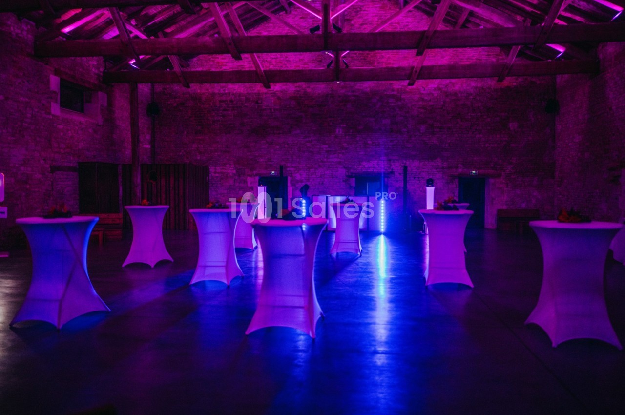 Salle en pierre avec des tables hautes éclairées par une lumière violette, ambiance de réception ou événement.