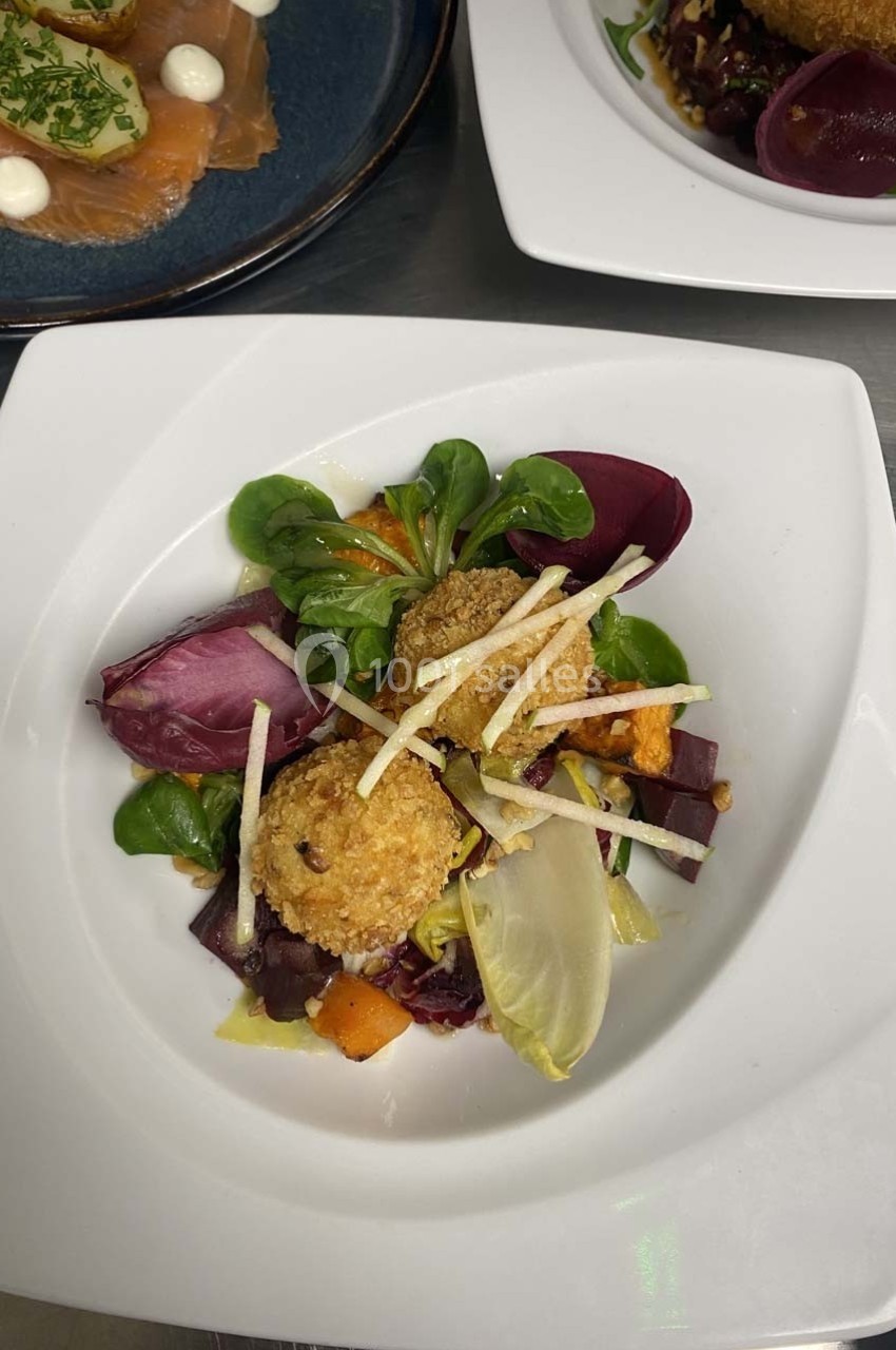 Assiette composée de croquettes dorées, salade verte, betterave, endive et julienne de légumes sur assiette blanche.