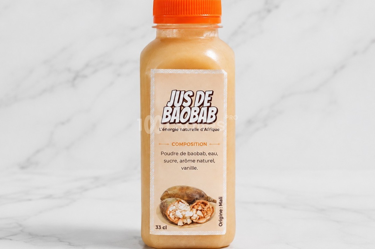 Bouteille de jus de baobab avec étiquette indiquant les ingrédients et un visuel de fruit sur fond en marbre clair.