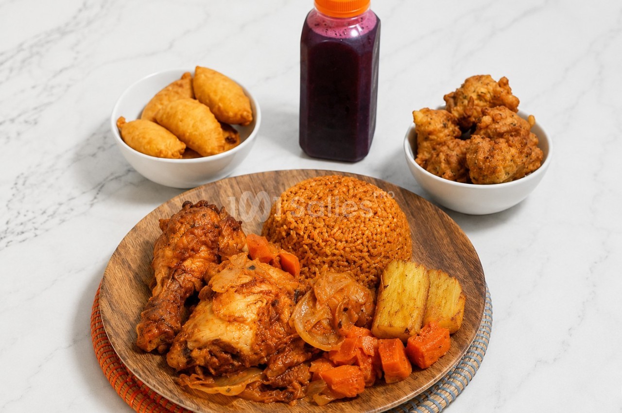 Assiette de riz épicé avec poulet, légumes, beignets et jus de fruits, disposés sur une table en marbre.