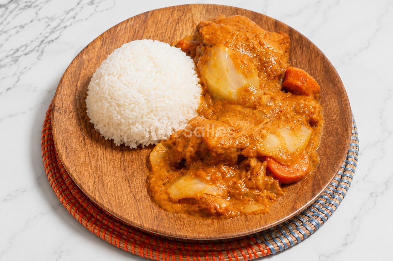 Assiette en bois contenant du riz blanc et un curry avec des légumes et de la viande sur une table en marbre.