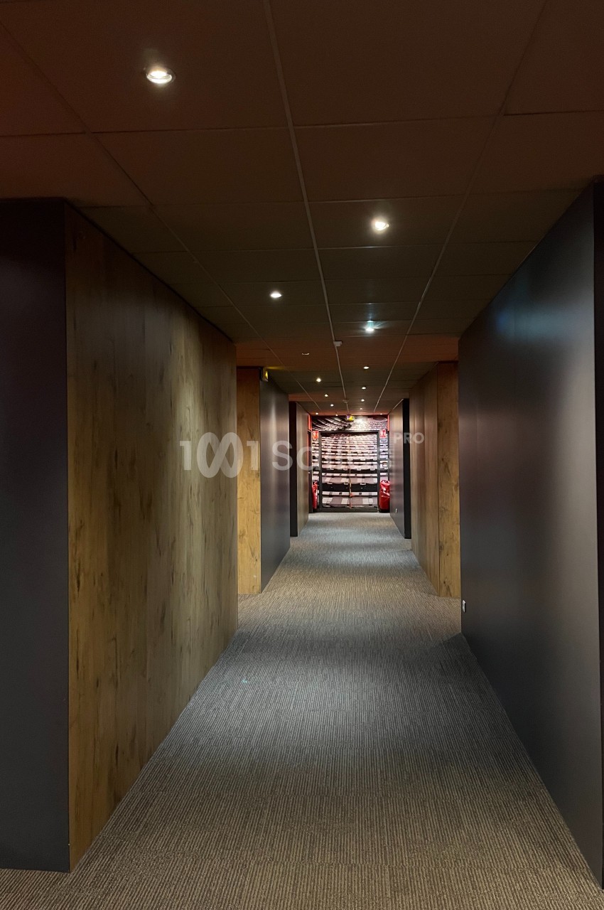 Couloir moderne avec murs en bois et éclairage tamisé, menant à une structure métallique rouge visible au fond.