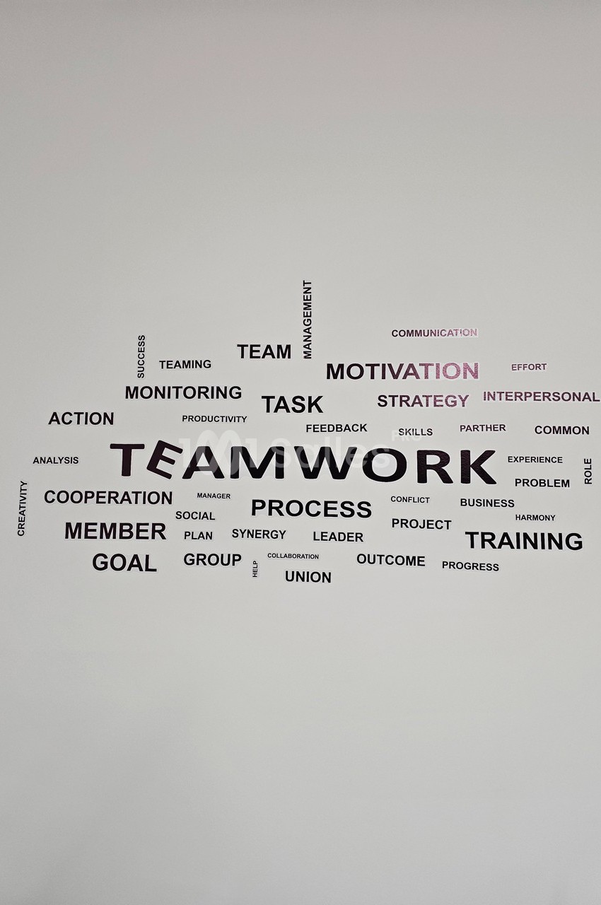 Nuage de mots en anglais autour du thème du travail d'équipe, incluant ’teamwork’, ’motivation’ et ’cooperation’.
