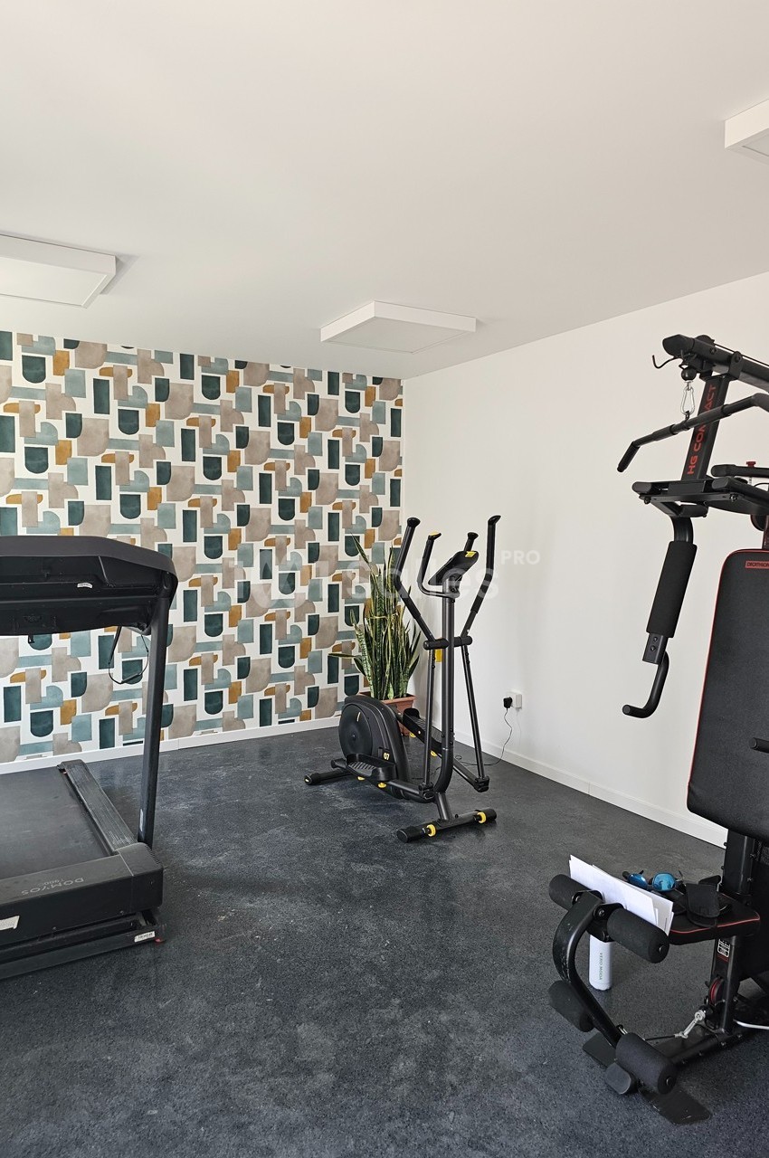 Salle de sport à domicile avec tapis de course, vélo elliptique, appareil de musculation et mur décoratif géométrique.
