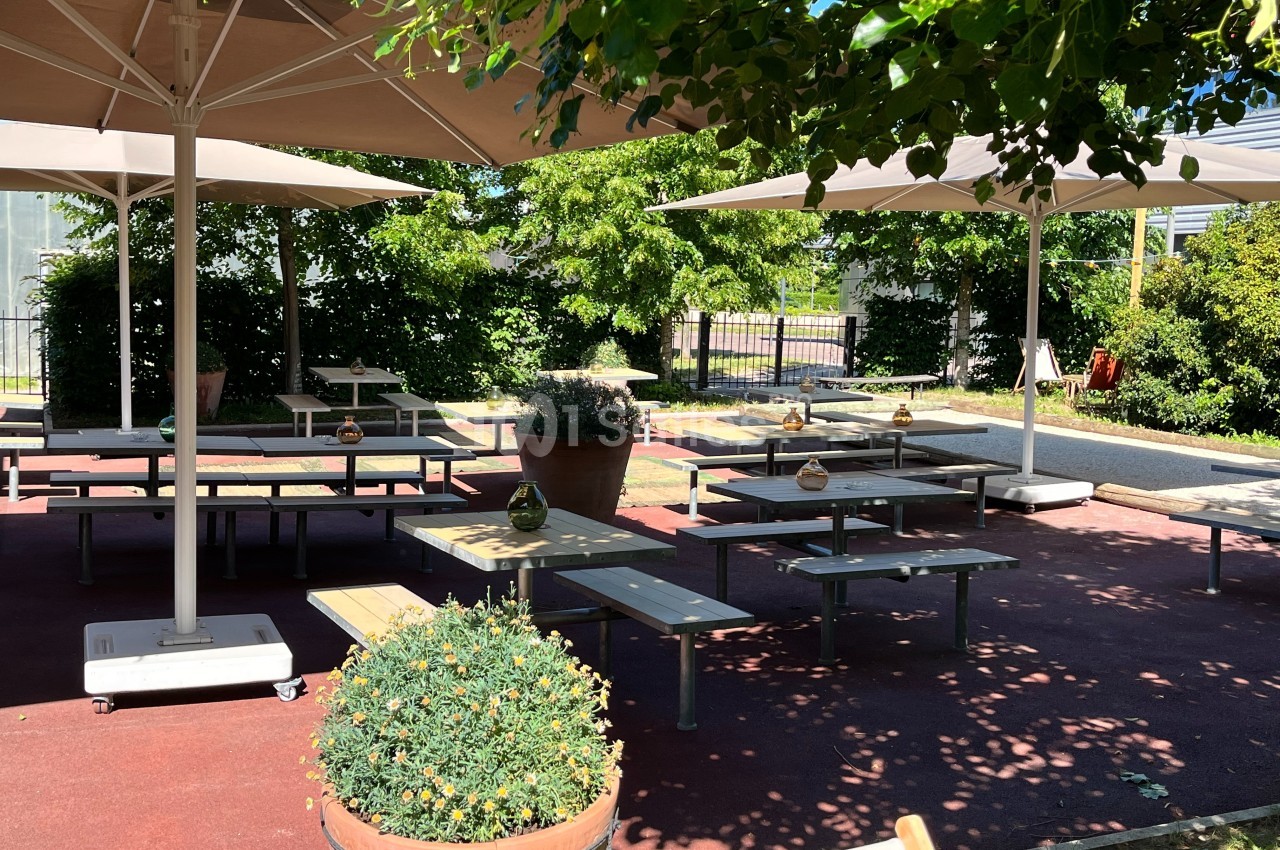 Terrasse extérieure avec tables et bancs sous des parasols, entourée de verdure et de plantes en pot.