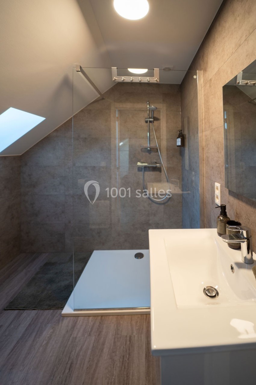 Salle de bain moderne avec douche à l'italienne, paroi en verre, lavabo blanc et éclairage au plafond.