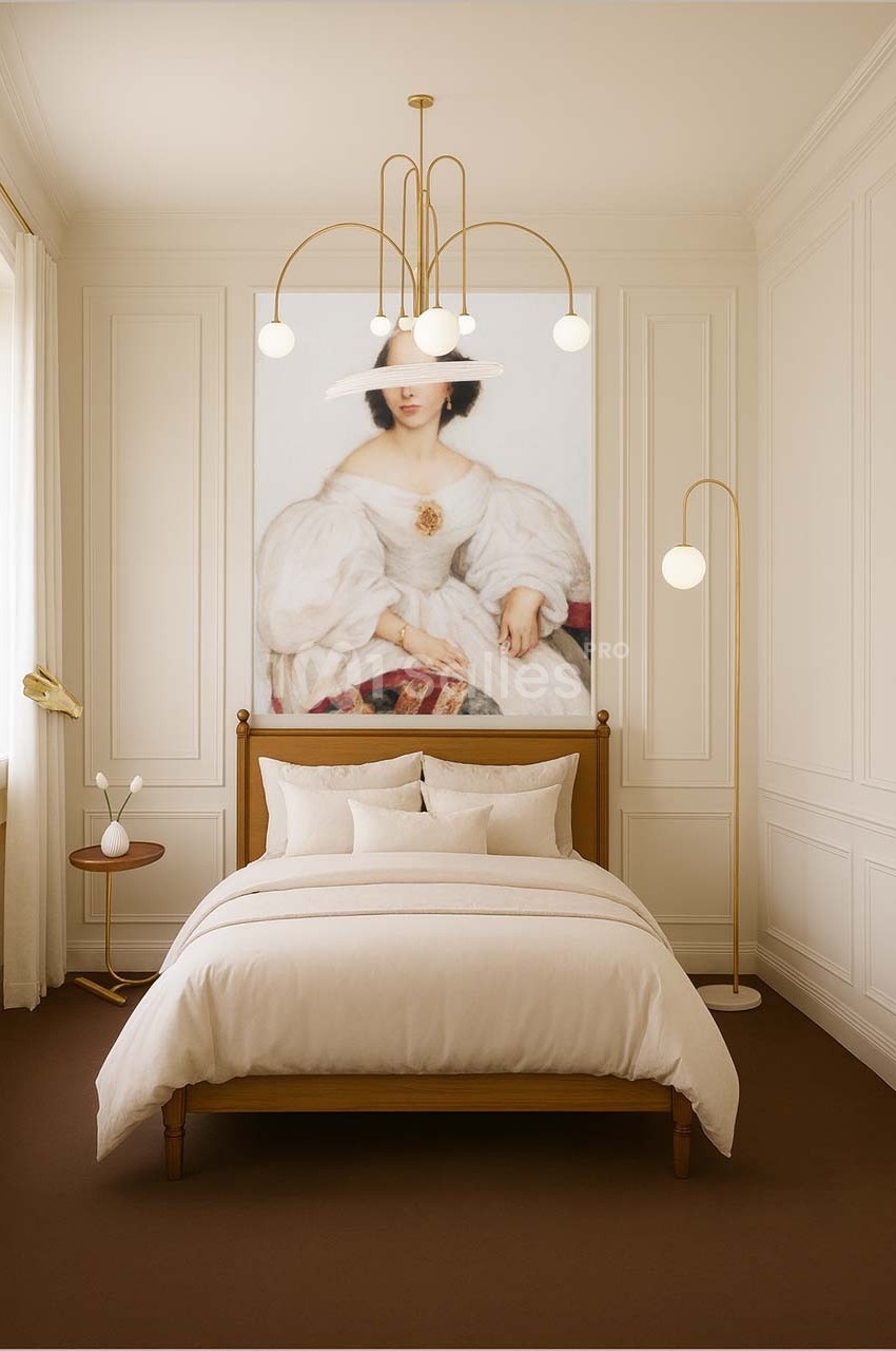 Chambre élégante avec un lit double, des tons neutres, un lustre doré et un grand portrait mural en arrière-plan.