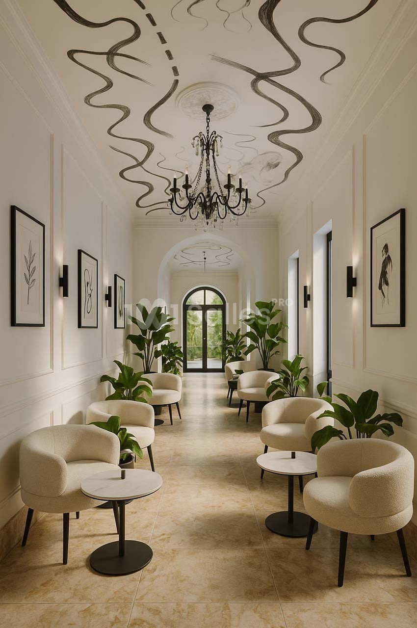 Couloir élégant avec fauteuils beiges, tables rondes, plantes vertes, lustre noir et plafond décoré de motifs artistiques.