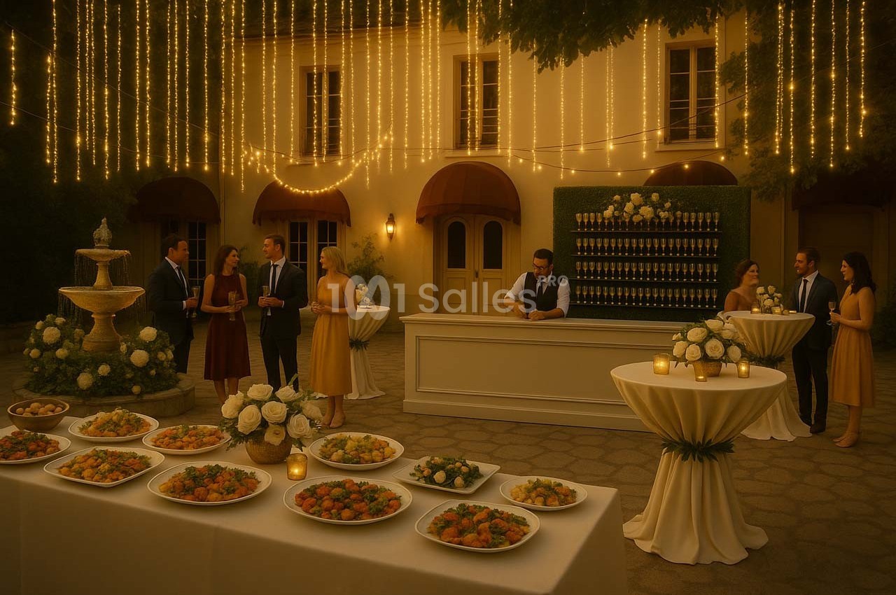 Réception en soirée dans une cour éclairée, avec buffet, tables décorées et invités discutant près d'un bar.