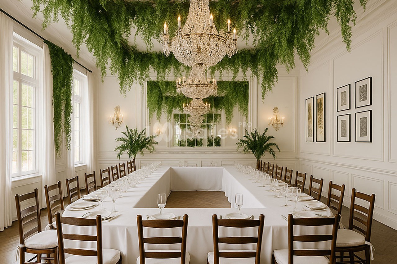 Salle de réception élégante avec une grande table en U, lustres en cristal et décoration végétale suspendue.