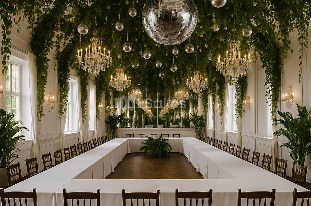 Salle élégante décorée de plantes suspendues, lustres et boules à facettes, avec tables en U et chaises en bois.
