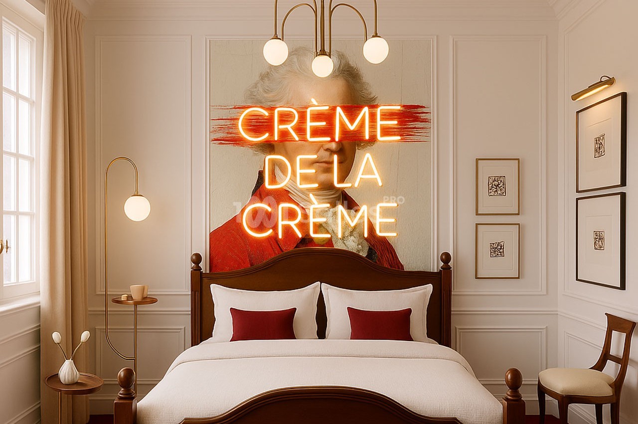 Chambre élégante avec lit double, éclairage moderne et mur décoré d'une inscription lumineuse ’Crème de la crème’.