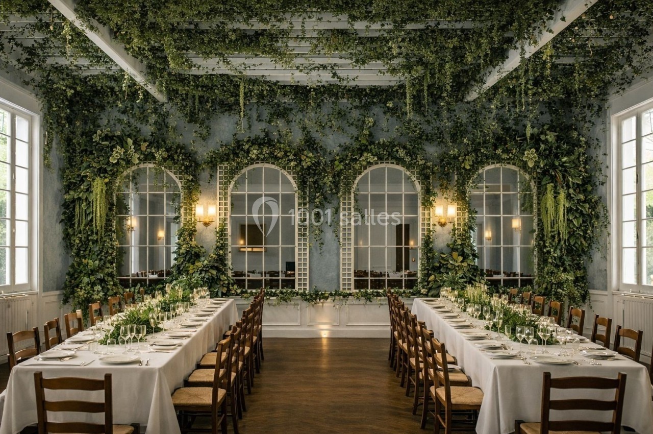 Salle de réception élégante avec de longues tables dressées, entourée de murs et plafonds décorés de végétation luxuriante.