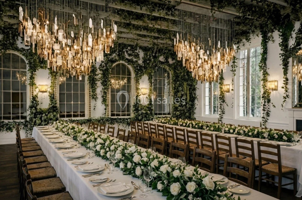 Salle de réception élégante décorée de guirlandes végétales, chandeliers lumineux et longues tables ornées de fleurs…