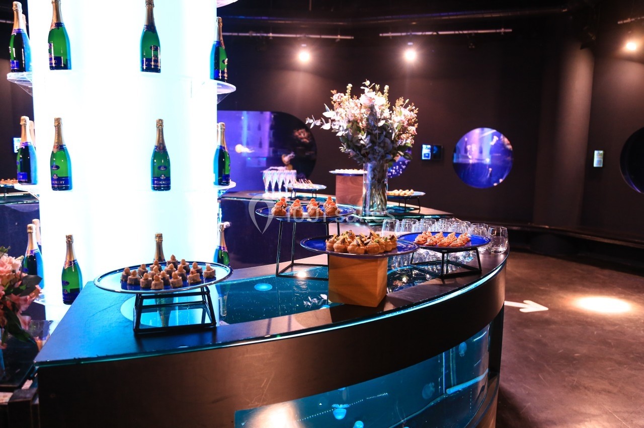 Table garnie de bouchées apéritives, flûtes de champagne et décorations florales dans un espace lumineux et moderne.