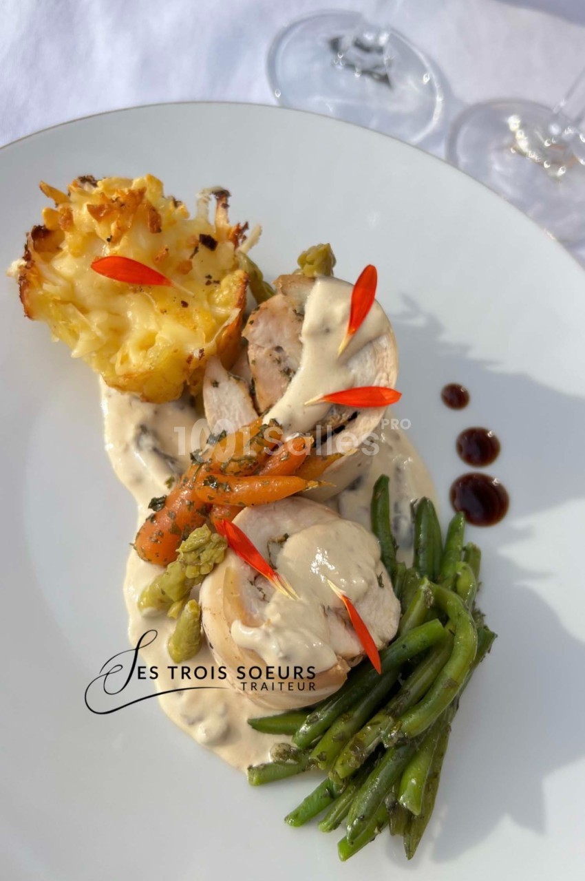 Assiette composée de volaille sauce crémeuse, légumes verts, gratin de pommes de terre et décorations colorées.