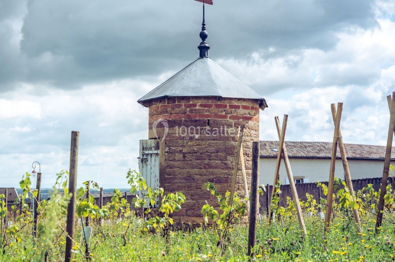 Petit bâtiment en briques avec toit en métal et girouette, entouré de plantes et de poteaux en bois, sous un ciel nuageux.