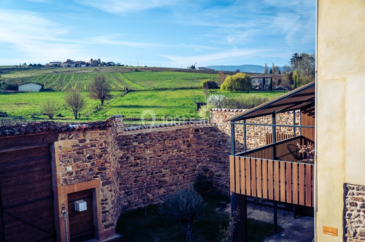 Vue sur un paysage de campagne avec des vignes, un mur en pierre et une terrasse en bois sous un ciel dégagé.