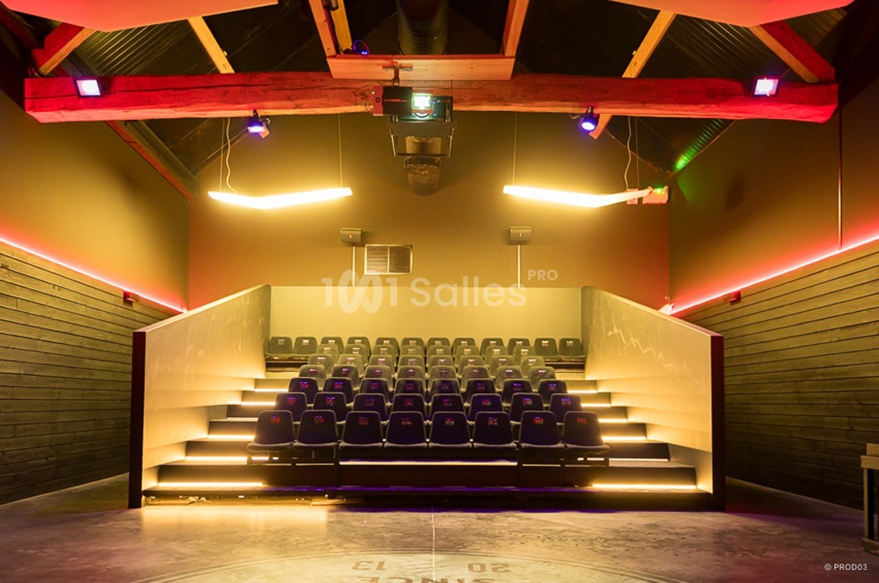 Salle de projection moderne avec rangées de sièges inclinés, éclairage tamisé et poutres apparentes au plafond.