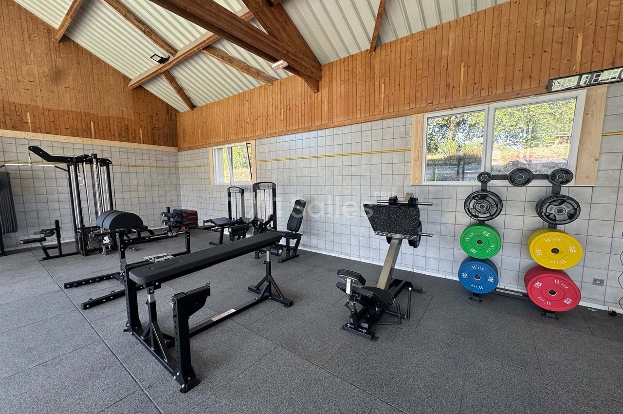 Salle de sport équipée de machines de musculation, bancs, poids colorés et rameur, avec murs en bois et fenêtres.
