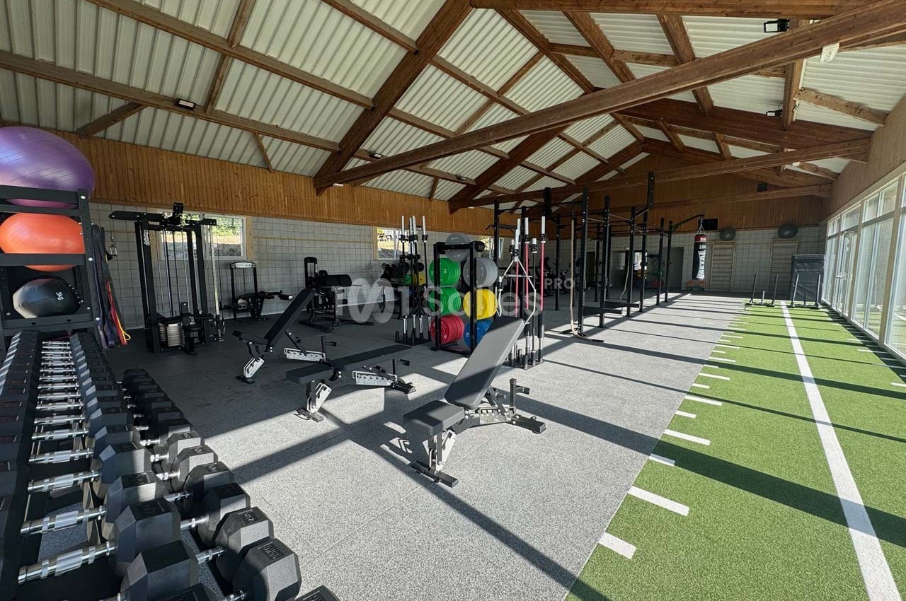 Salle de sport lumineuse avec équipements de musculation, haltères, bancs et espace de gazon synthétique.