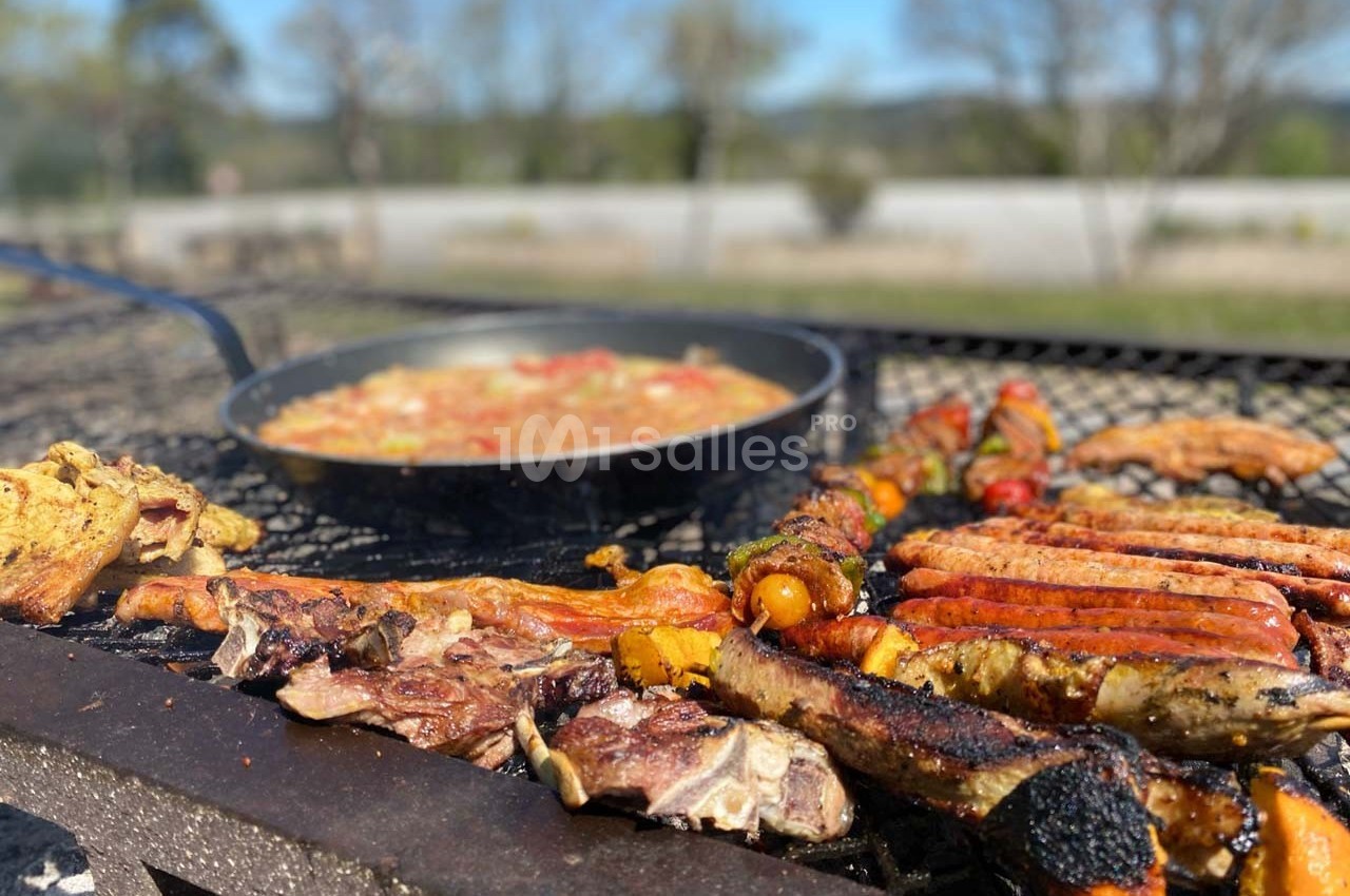 Viande grillée et légumes sur un barbecue, avec une poêle de plat mijoté en arrière-plan dans un cadre extérieur.