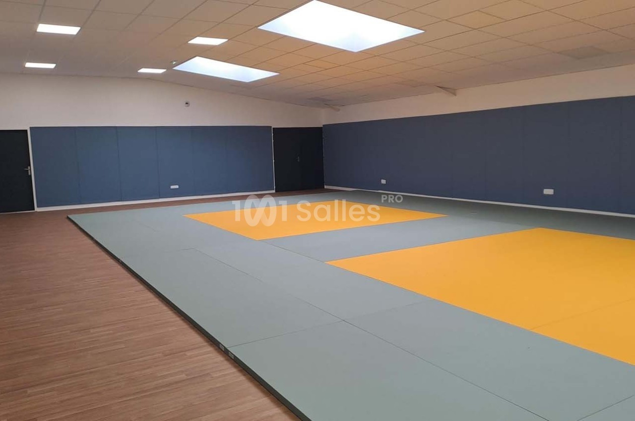 Salle de sport avec tatamis jaunes et verts au sol, murs bleus et parquet en périphérie, éclairée par des puits de lumière.