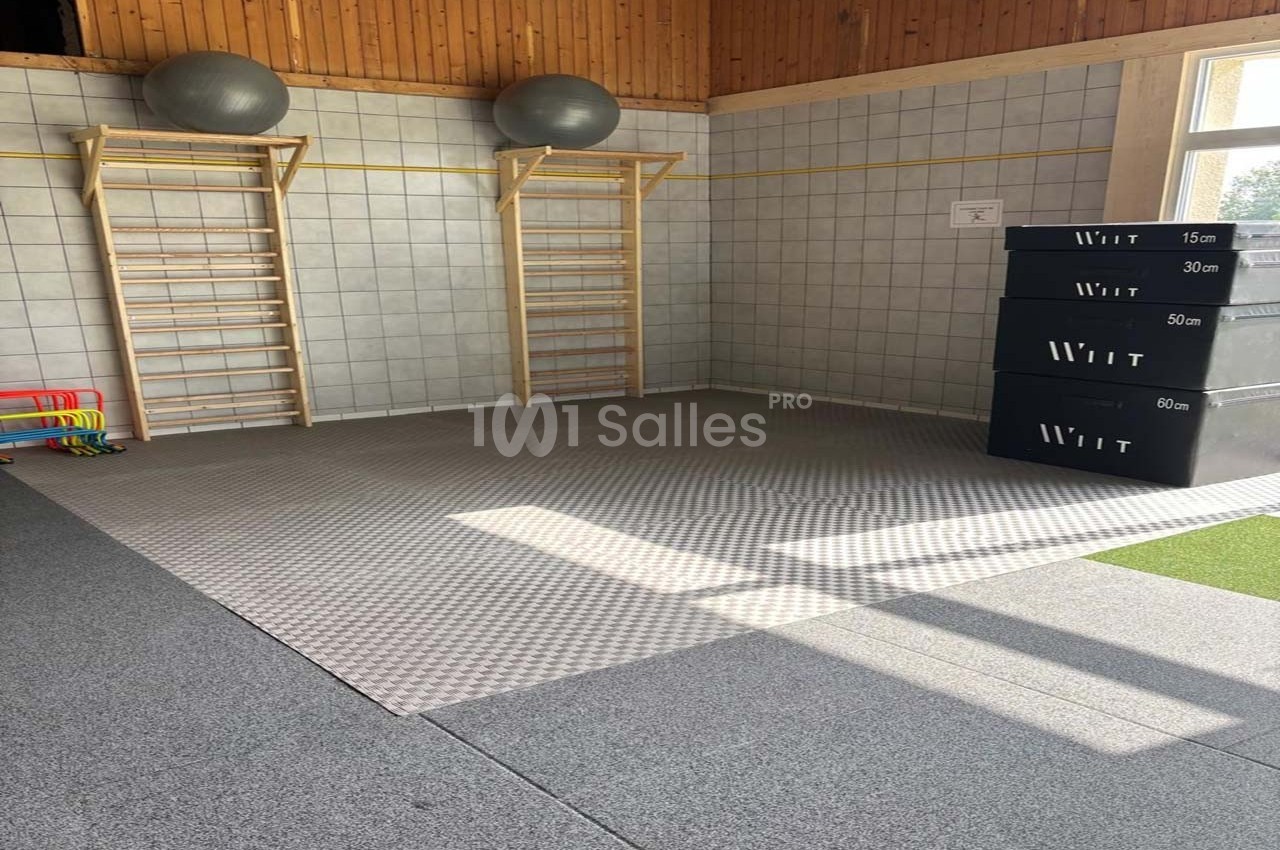 Salle de sport avec tapis au sol, espaliers en bois, ballons d'exercice et caissons de pliométrie empilés.