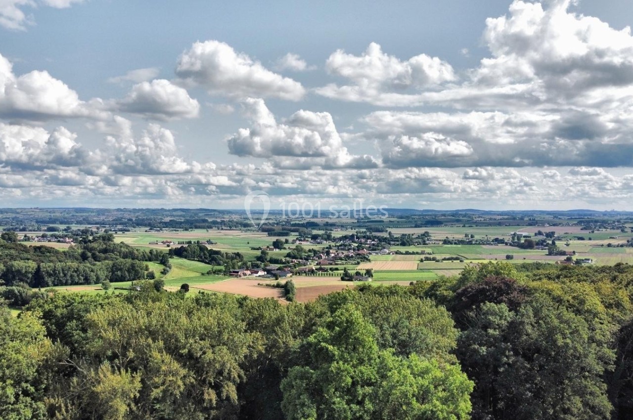 Paysage rural avec champs, forêts et villages sous un ciel partiellement nuageux.