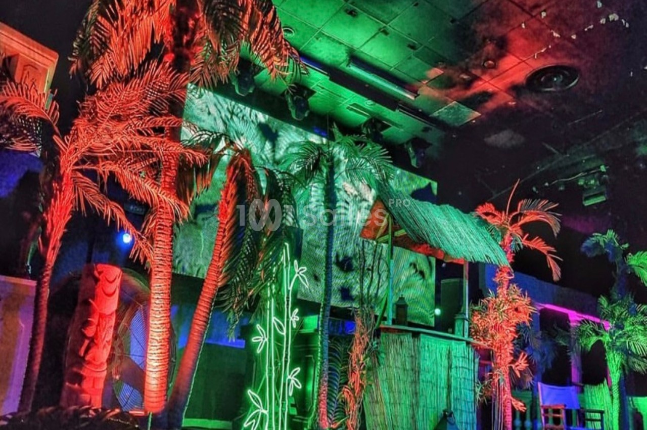 Décor tropical intérieur avec palmiers artificiels, éclairages colorés et cabane en bois sous un plafond sombre.