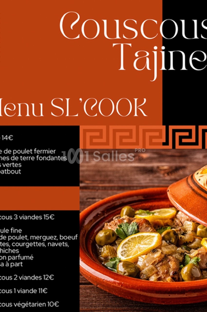 Photo d'un tajine ouvert avec légumes et viande, entouré d'éléments de menu décrivant des plats de couscous et tajine.