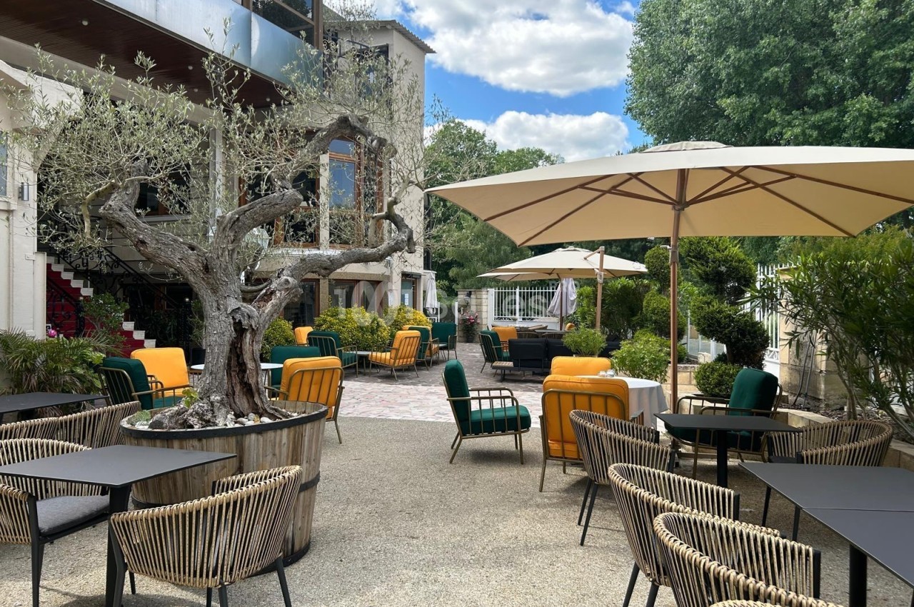 Terrasse extérieure avec mobilier coloré, parasols et un olivier en pot, entourée de verdure sous un ciel partiellement…