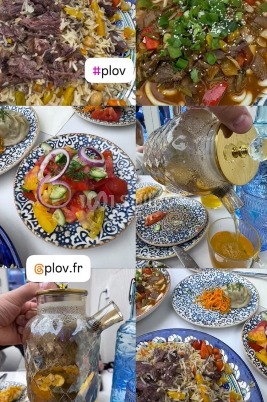 Assortiment de plats traditionnels servis dans des assiettes décorées, avec une carafe de boisson versée dans un verre.