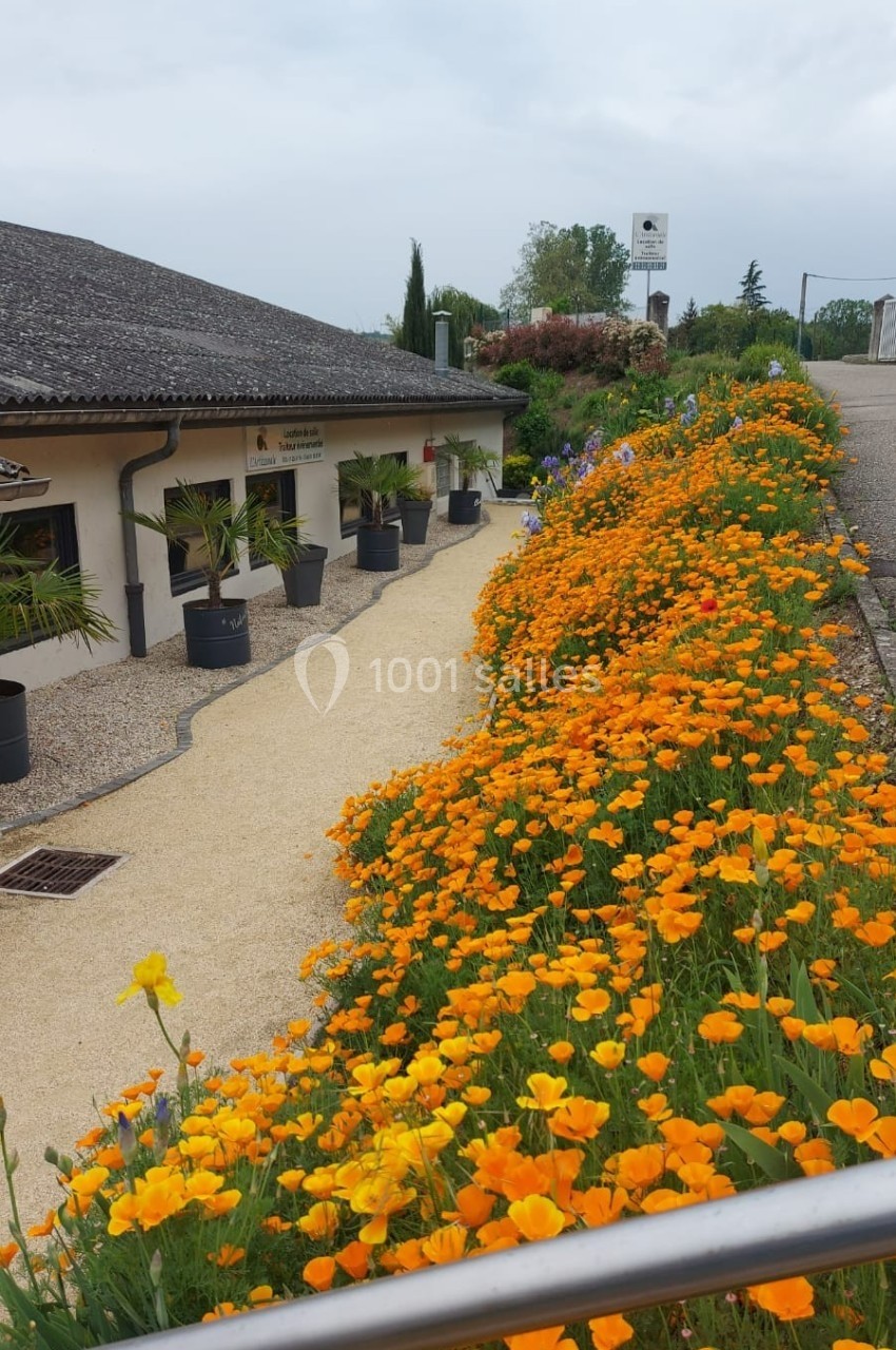 Massif de fleurs orange longeant un chemin pavé devant un bâtiment avec des pots de plantes et un ciel nuageux.