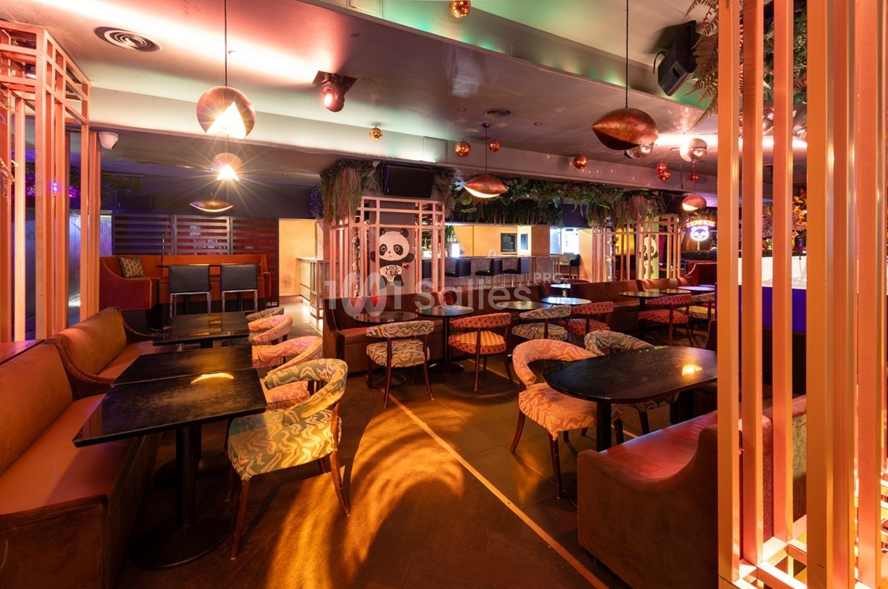 Salle de restaurant ou bar avec tables, chaises colorées, éclairage tamisé et décoration végétale suspendue.
